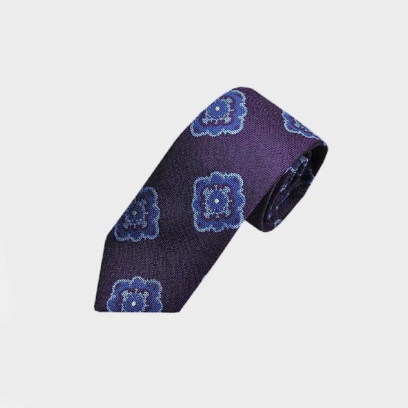 Big Medallion Woven Silk Tie Plum & Blue