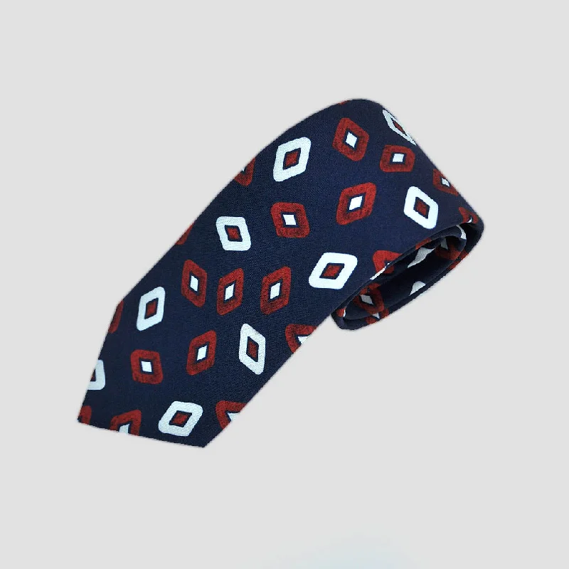 English Silk Funky Diamonds Tie in Navy, Claret & White