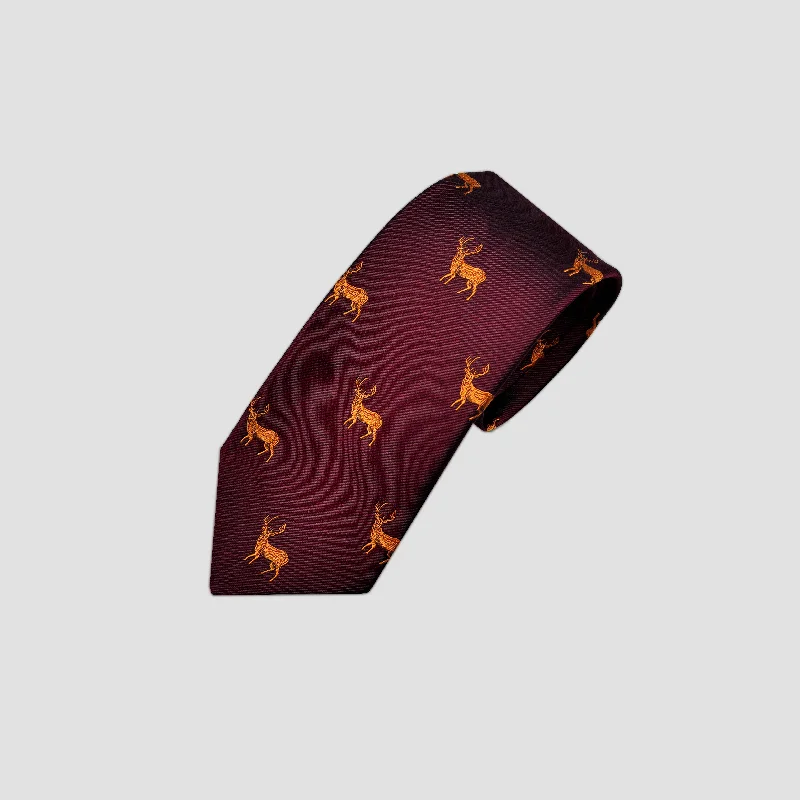 English Woven Silk Orange Stag Tie in Claret