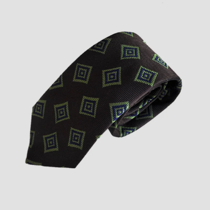 English Woven Silk Geometric Diamonds Tie in Brown, Lime & Blue