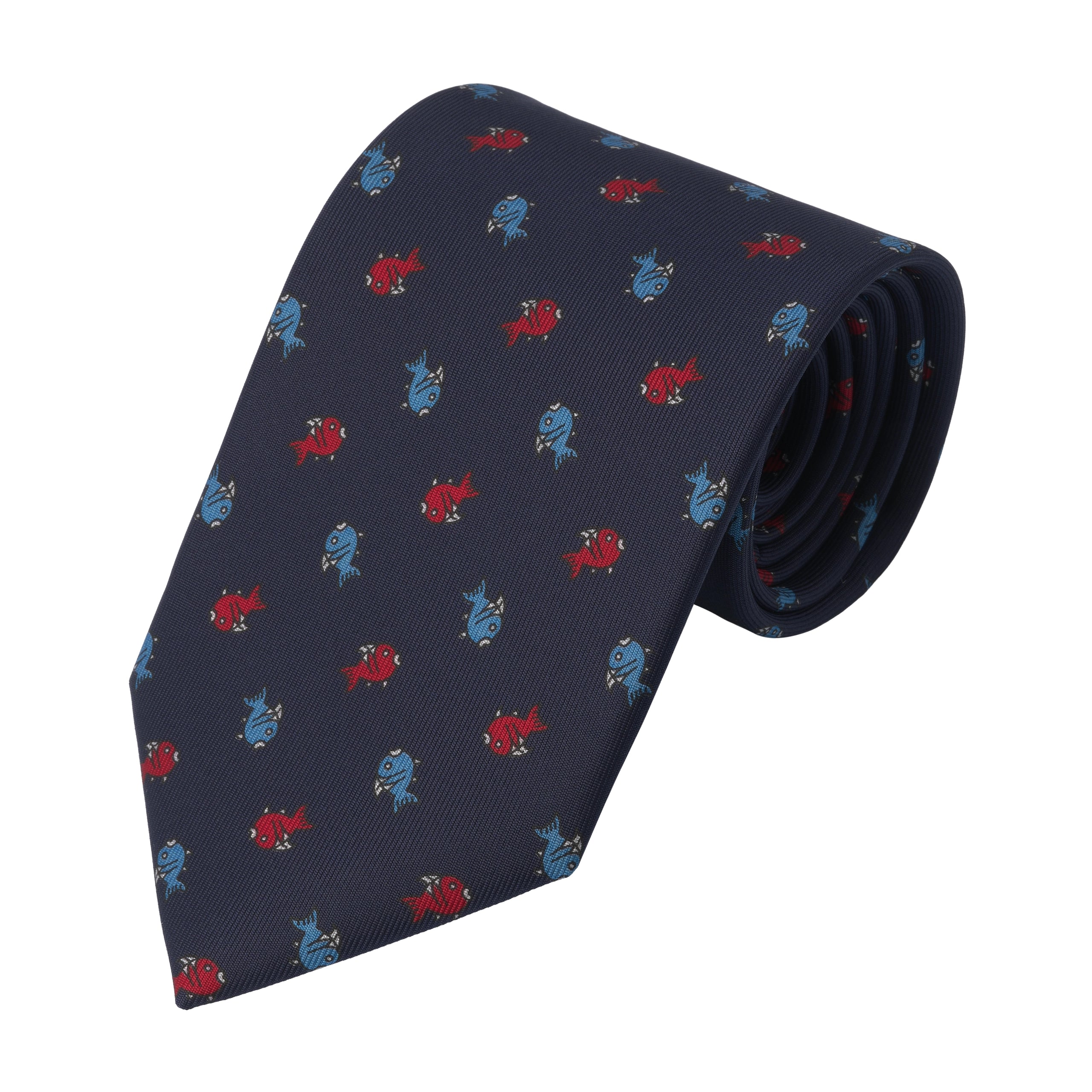 Fish Printed Silk Tie in Navy Blue