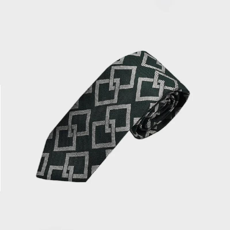 Geometric Squares Woven Silk Tie in Bottle Green