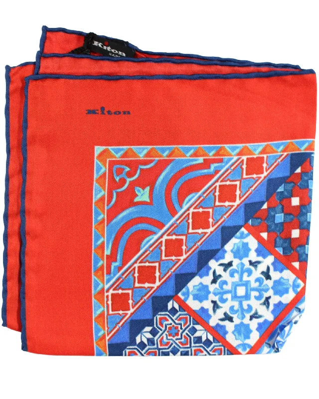 Kiton Silk Pocket Square Orange Blue Ornamental