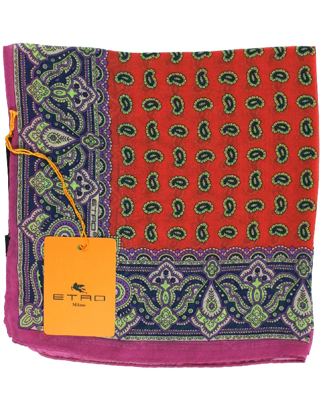 Etro Silk Pocket Square Purple Green Orange Paisley