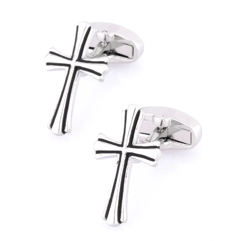 Fleurie Cross Silver & Black Enamel Cufflinks