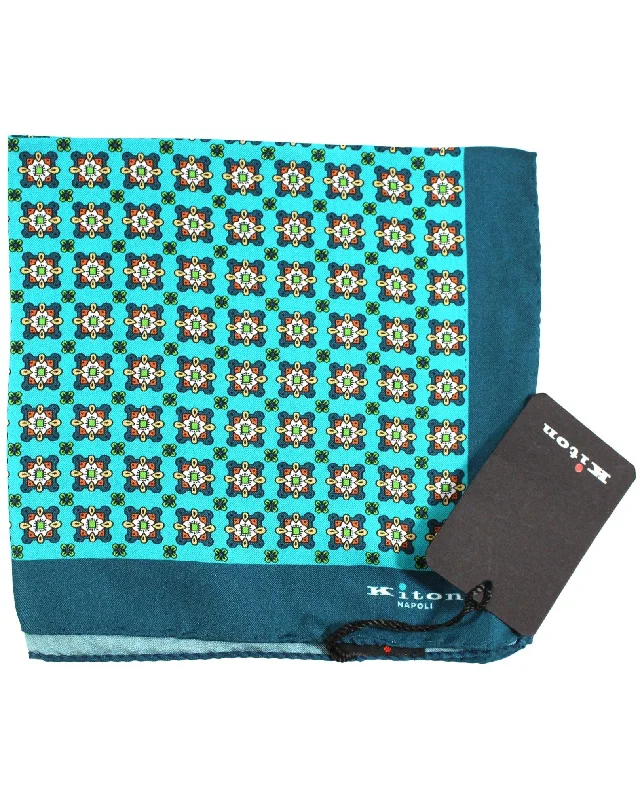 Kiton Silk Pocket Square Aqua Medallions SALE