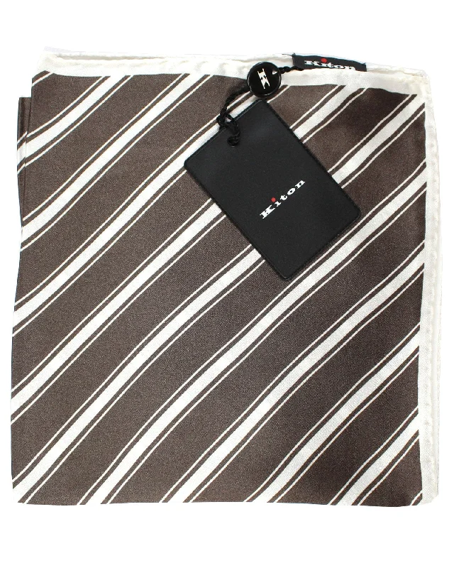 Kiton Silk Pocket Square Brown White Stripes FINAL SALE