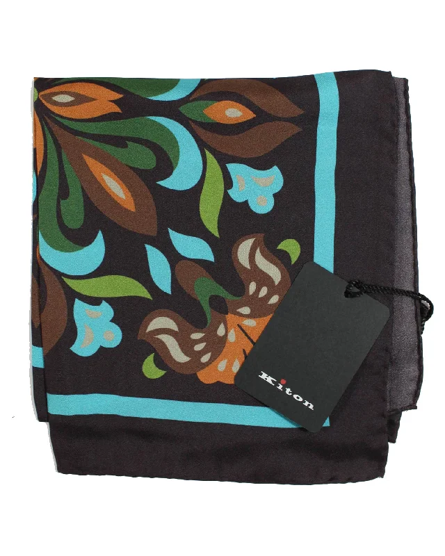 Kiton Silk Pocket Square Dark Brown Aqua Green Floral