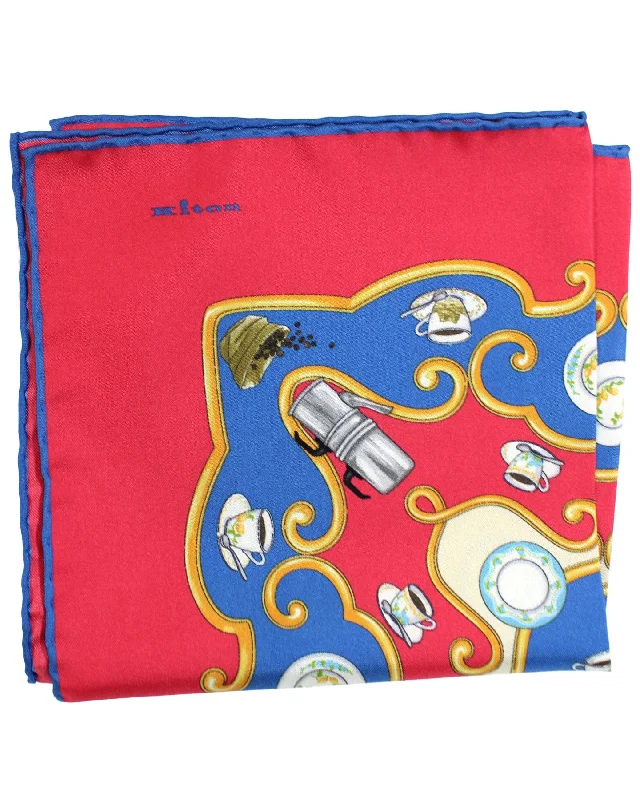 Kiton Silk Pocket Square Red Blue Novelty Coffee Design