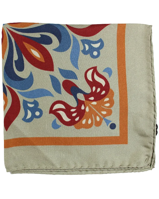 Kiton Silk Pocket Square Taupe Gray Orange Blue Ornamental SALE