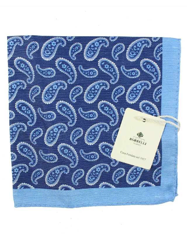 Luigi Borrelli Pocket Square Navy Blue Paisley - Linen/ Silk