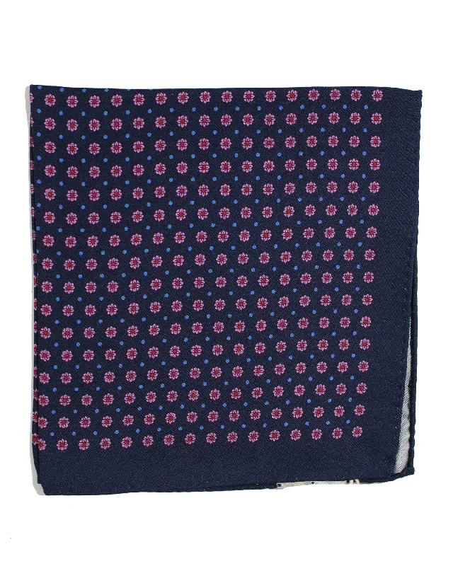 Luigi Borrelli Silk Pocket Square Dark Blue Pink Mini Flowers