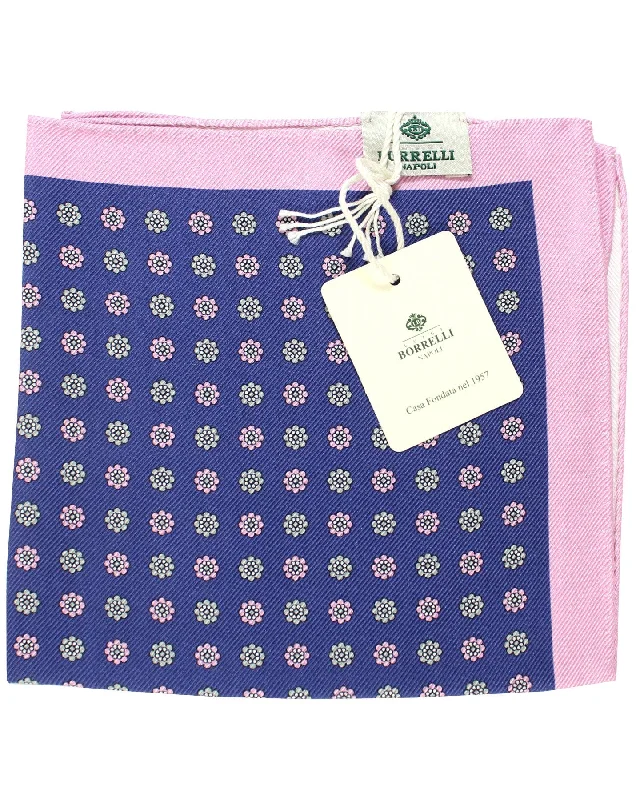 Luigi Borrelli Silk Pocket Square Navy Pink Mini Flowers