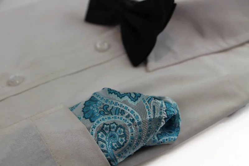 Mens Turquoise & Silver Boho Paisley Silk Pocket Square