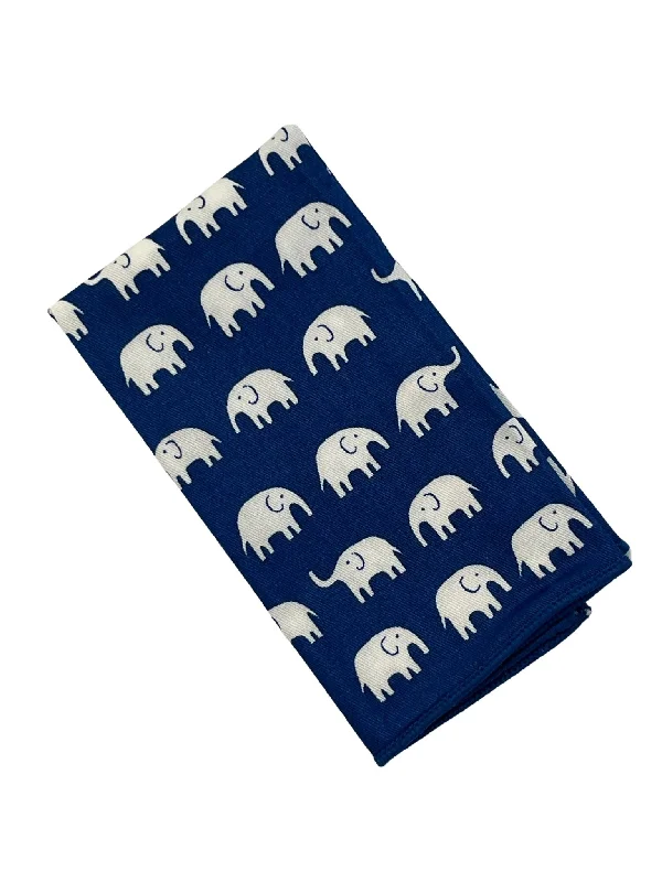 Navy dark blue pocket square with  elephant design