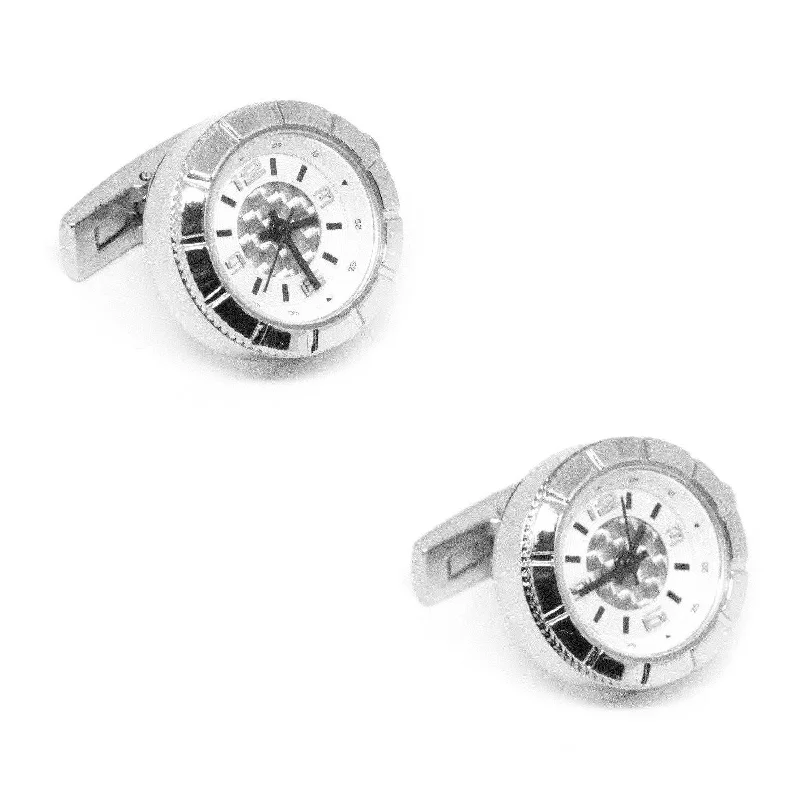 Round Silver Carbon Fibre Working Watch Clock Cufflinks